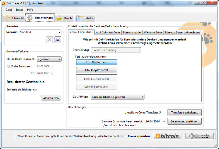 CoinTracer Einstellmöglichkeiten Gewinnberechnung